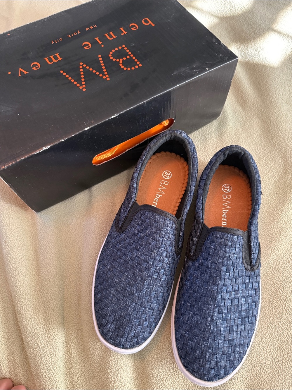bernie mev. Navy Woven Slip-On Loafers